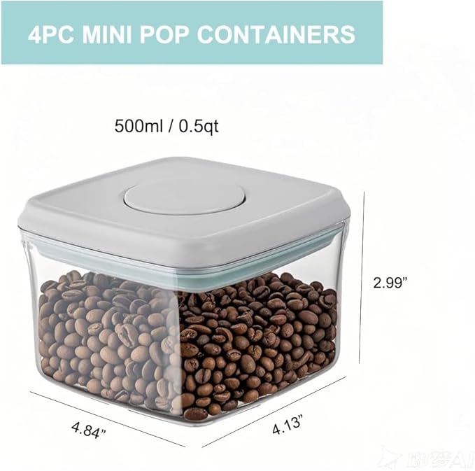 Pop Food Storage Containers with Lids Airtight Spaghetti Container with Labels Pasta Organizer for Kitchen Pantry Cereal Snack Flour Sugar Coffee (4pcs 500ml/0.5qt)