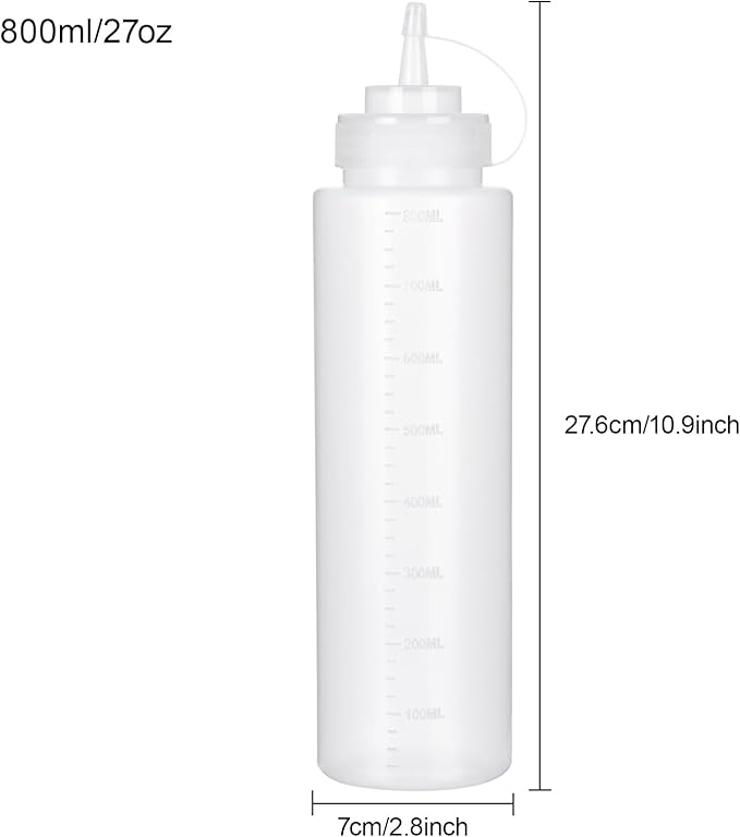 Squeeze Bottles for Sauces 2 Pack, 27 Ounce 800ml Plastic Dressing Squirt Bottles with Cap Lids, Condiment Bottle for Liquids BBQ Dressing Pancake Art Dispenser