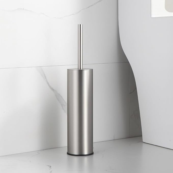 Toilet Brush and Holder Set Brushed Nickel Stainless Steel, 304 Heavy Duty Round Toilet Brush Set – Rust Resistant, Long Handle, Replacement Heads, Floor Standing Bathroom Toilet Cleaning