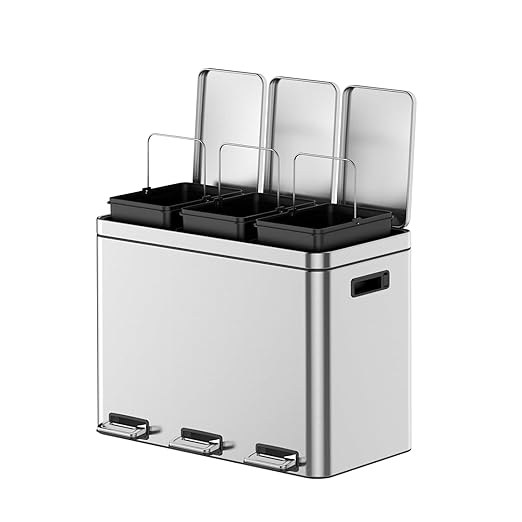 3 x 4 Gal (3 x 15L) Trash Can, Stainless Steel Triple Compartment Step-On Recycling Bin with Soft-Close Lids & Removable Plastic Inner Buckets for Kitchen, Home, Office