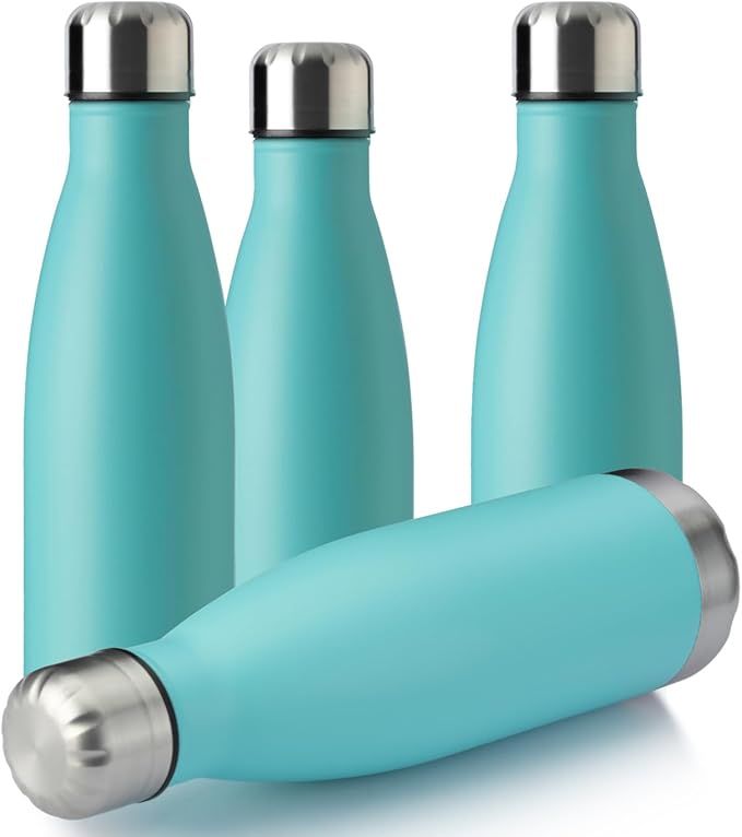 MEWAY 17oz Sport Water Bottle 4 Pack Vacuum Insulated Stainless Steel Leak-Proof Double Wall Cola Shape Water Bottle,Keep Drinks Hot & Cold(Light Blue,4 Pack)