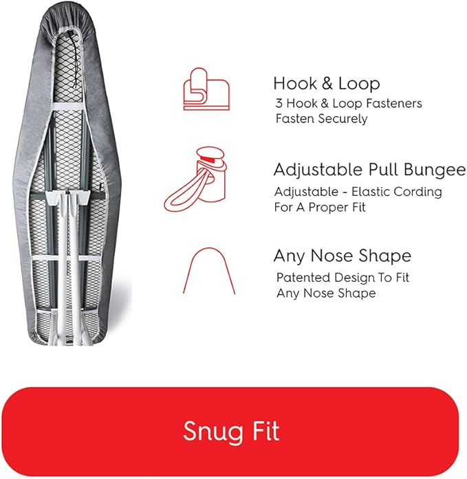 TIVIT Ironing Board Cover 22 x 58, Made in Italy. Pro Grip Pad Covers w/3 Fastener Straps & Pull Bungee Cord - Durable Scorch & Stain Resistant Padded Layers, Heat Reflective AlumiTek PRO Top Coat