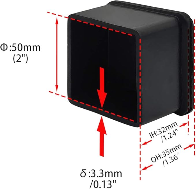 Flyshop Heavy Duty Non-Slip Rubber Leg Tips Floor Protectors Square Chair Leg Caps 50 x 50 mm, 2" x 2", Black, 20PCS