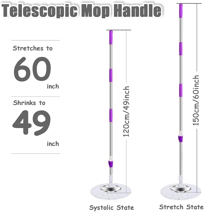 Extended Spin Mop Replacement Mop Handle, Upgraded 60-inch 360 Degrees Rotating Telescopic Replacement Mop Stick for Spin Mop Bucket Cleaning System (Stainless Steel Disc, Red)