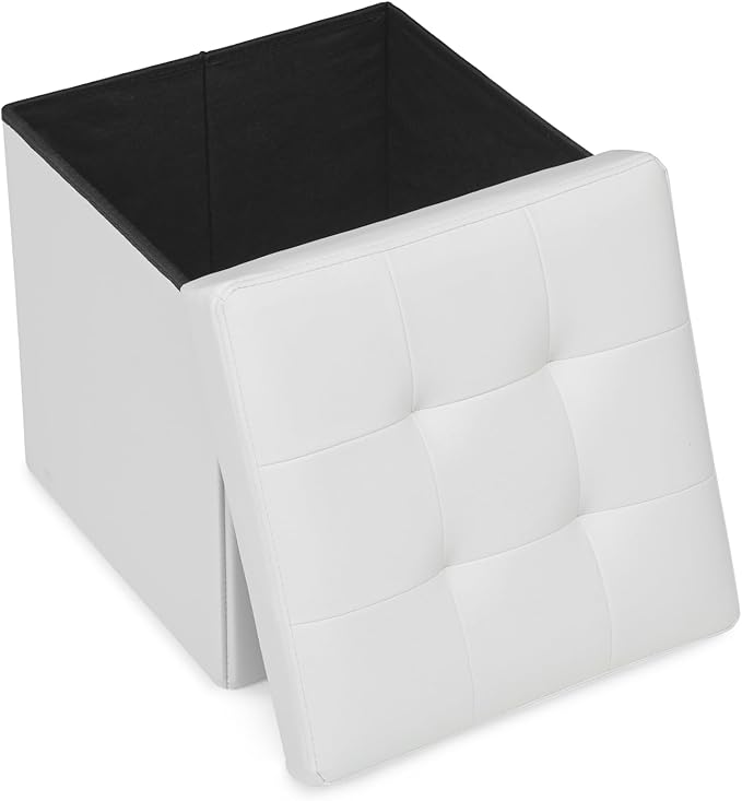 Athena Collection 15" Storage Ottoman Bench Folding Bench with 40L Hidden Storage, Small Cube Ottoman PU Leather Foot Rest Stool Chest with Flipping Lid for Living Room, Bedroom, Entryway, White