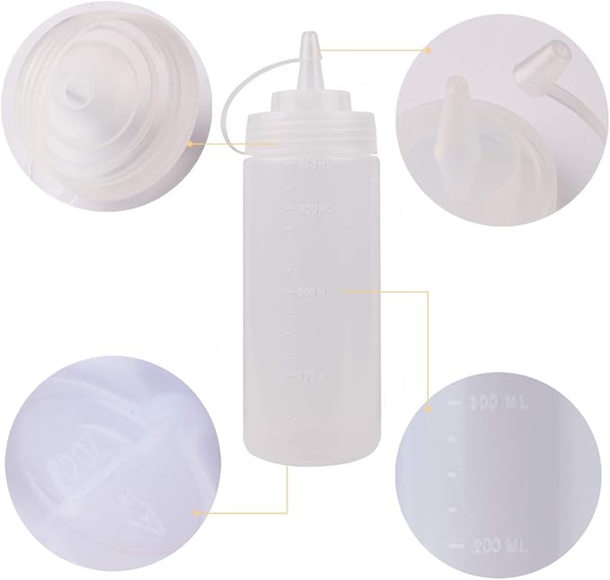 Squeeze Bottles for Sauces 2 Pack, Ketchup Bottle 12 Ounce Plastic Dressing Squirt Bottle with Cap Lids and Funnel, Condiment Bottles for Liquids BBQ Dressing Pancake Art Dispenser