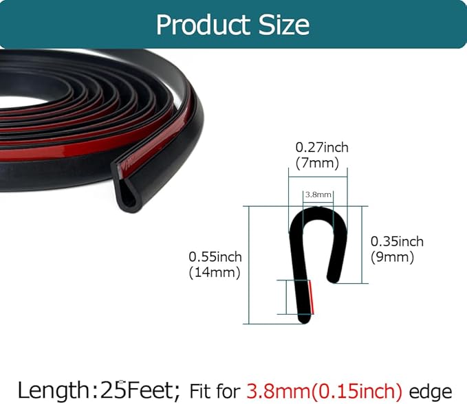 Rubber Edge Trim Black, U Channel Rubber Seal Strip with Self-Adhesive Tape, Metal Edge Protector Fit for 0.15", 25Ft