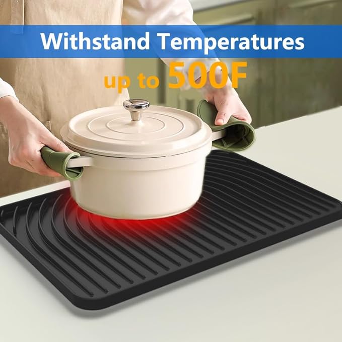 Dish Drying Matt for Kitchen Counter,18"×12"Silicone Dry Rack Mat with Built in Drain, Kitchen Dry Mats for Dishes Drying Pad for Counter(black)