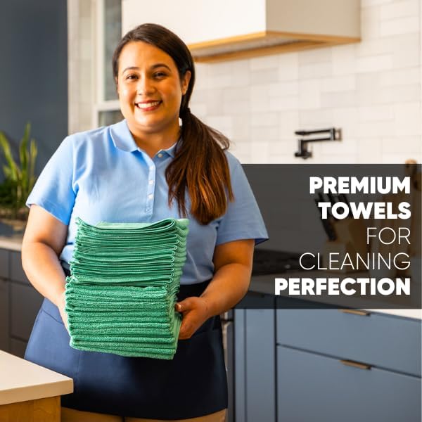 MW Pro Microfiber Cleaning Cloth | Green (12 Pack) | Size 16" x 16" | All Purpose Microfiber Towels - Clean, Dust, Polish, Scrub, Absorbent