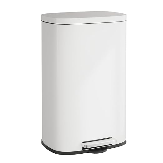 WLIVE 13 Gallon Stainless Steel Trash Can with Inner Bucket, Kitchen Garbage Can with Lid, 50L Soft Close Step Trash Can with Metal Foot for Home, Kitchen, Laundry Room, Office, White