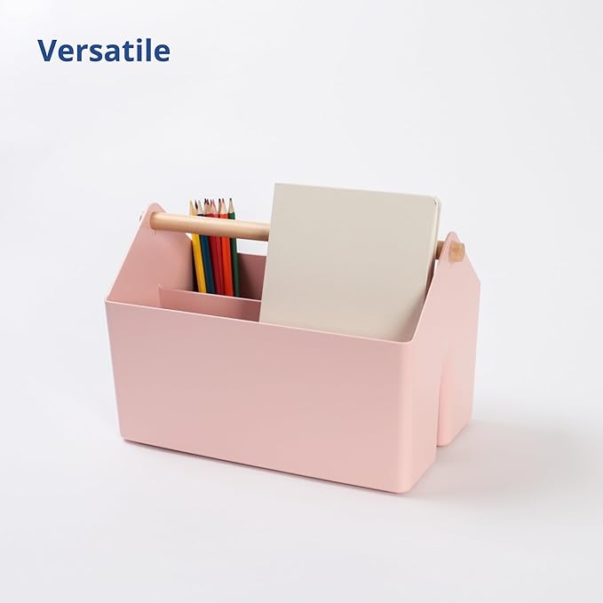 BLUE GINKGO Medium Storage Basket – Plastic Caddy with Wooden Handle for Office, Arts & Crafts, or Home Supplies (Pink)