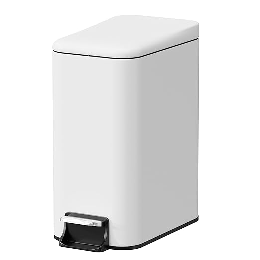 Small Trash Can with Lid Soft-Close, 6 L/1.6 Gal Bathroom Garbage Can with Removable Inner Bucket, Step Pedal, Stainless Steel Wastebasket for Kitchen, Bathroom, Bedroom, Office, White