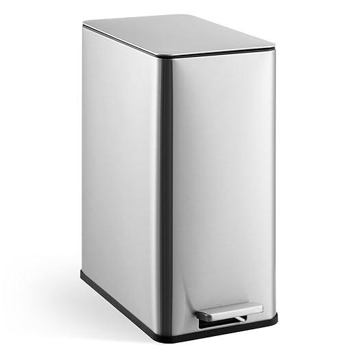 GarveeHome 4 Gallon Step Trash Can, 15 Liter Stainless Steel Rubbish Bin with Removable Inner Bucket, Rectangle Slim Garbage Can with Soft-Close Lid for Bathroom, Living Room, Office, Silver