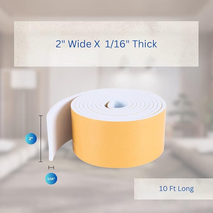 High Density Foam Weather Stripping Door Seal Strip Insulation Tape Roll for Insulating Door Frame, Window, Air Conditioner | Self Adhesive Sealing Weatherstrip (2 in x 1/16 in x 10 Ft, White)