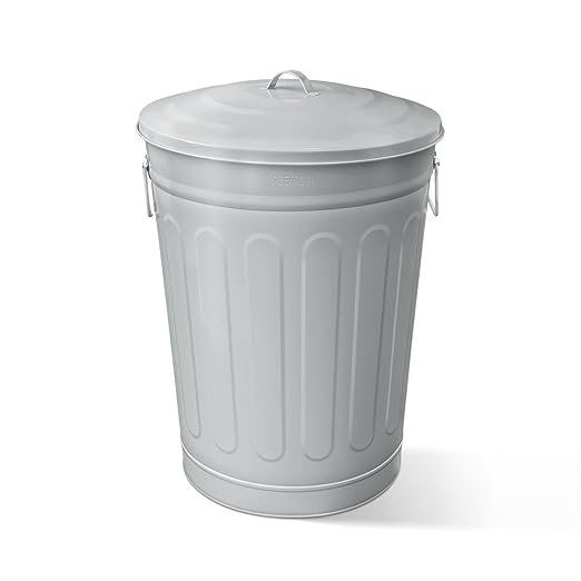 Plexon Round Trash Can 13 Gallon, Vintage Metal Outdoor Trash Can with Lid, Retro Farmhouse Garbage Container, Old School Modern Ash Bucket, Gray