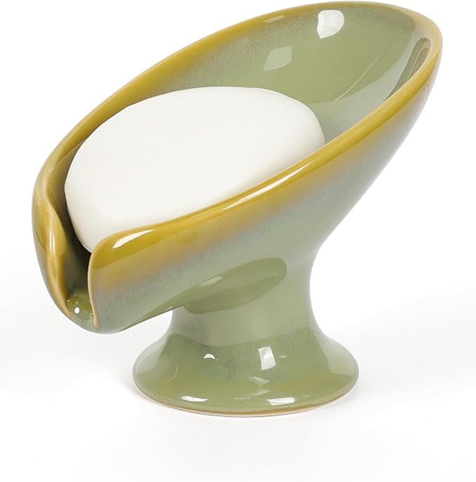 Soap Dish, Self Draining Bar Soap Holder for Bathroom Sink, Leaf Shaped Drainage Ceramic Olive Green Porcelain Decorative Soap Dish, No Suction Cup, ANTIS'S HOME