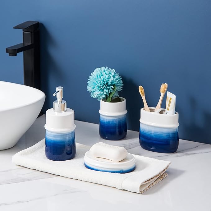 Navy Blue Ceramic Soap Dispenser for Kitchen, Refillable Hand Dispenser with Rust Proof Stainless Steel Pump, 12Oz Lotion Dispenser Bathroom for Dish Soap, Hand soap.