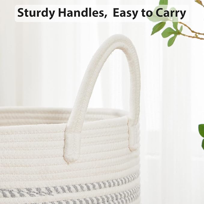 Fiona's magic 58L Woven Rope Laundry Hamper, Tall Boho Laundry Basket Storage, Large Baby Nursery Hamper for Blankets, Toys and Clothes Hamper for Bedroom and Living Room Organizing, Jute, White