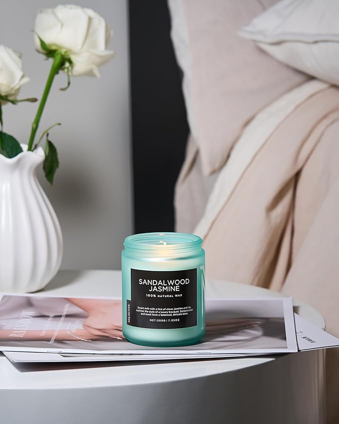 M&SENSE Sandalwood Jasmine Scented Candles, Natural Soy Wax Best Smelling Candle 7.05oz 50 Hour Burning，Floral Non Toxic Single Cotton Wick Aromatherapy Gifts for Women Friend