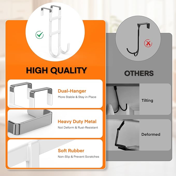 FYY Over The Door Hooks - 4 Pack Heavy Duty Dual-Hook Organizer Hanger with Non-Slip Rubber for Towels, Clothes, Hats & Bags Use in Bathroom, Bedroom, Kitchen - Fits Interior Doors Up to 1.6" White
