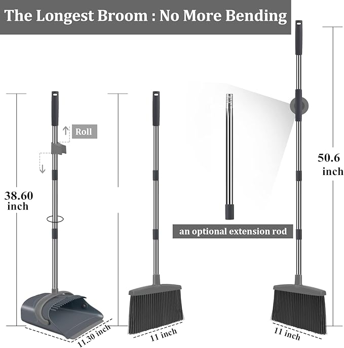Broom and Dustpan Set, Dust pan with Long Handle, Broom with Dustpan Combo Set, Broom and Dustpan for Home, Indoor or Outdoor Cleaning Tool (Deep Gray&Light Gray)