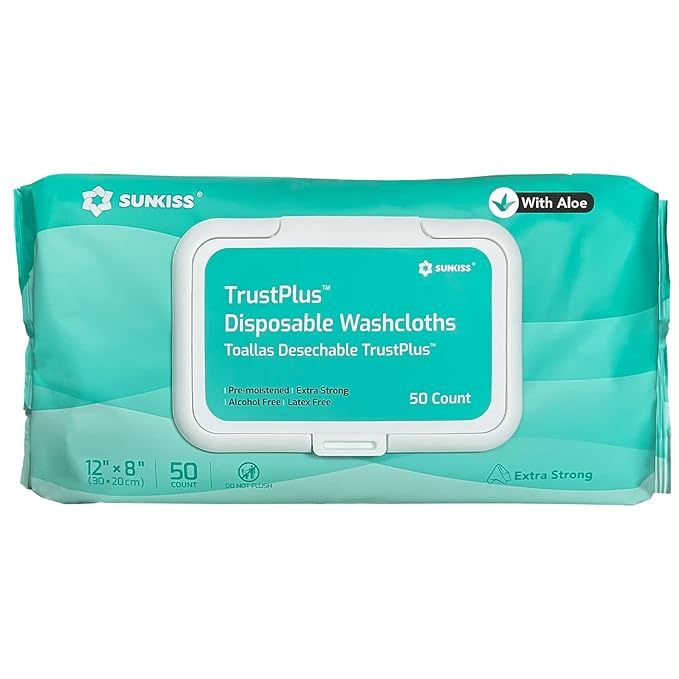 SUNKISS Trustplus Wet Wipes for Adult No Rinse, Extra Large 8”x12” Body Cleaning Washcloths for Elderly Incontinence & Cleansing, Unscented, 50 Count
