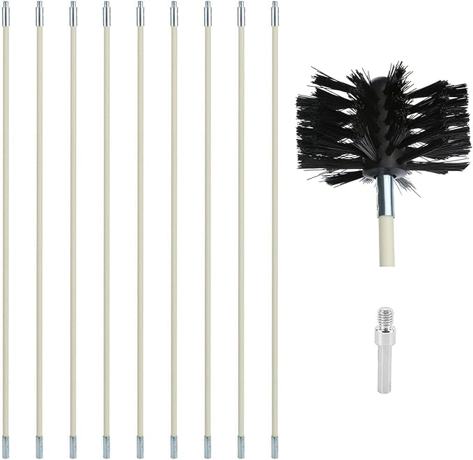12 Feet Stove Pipe Clean Brush Extension Rods Flexible Fireplace Chimney Brush Stove Pipe Brush Rod Rotary Air Duct Dryer Vent Cleaner Rods Flue Brush Chimney Sweep Kit with Brush Head