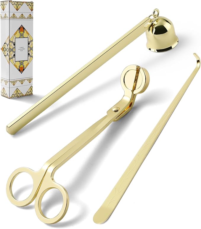 PATOISE 3 in 1 Candle Accessory Set, Candle Wick Trimmer Cutter Mini, Candle Snuffer, Candle Wick Dipper in Gift Package for Candle Aromatherapy Lovers(3PCS Gold)