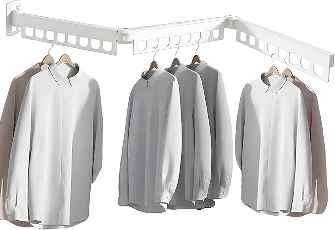 Clothes Drying Rack - Laundry Space Saver Wall Mounted, Retractable, Collapsible(Tri-Fold), White Color Rack Clothing (with Screws)