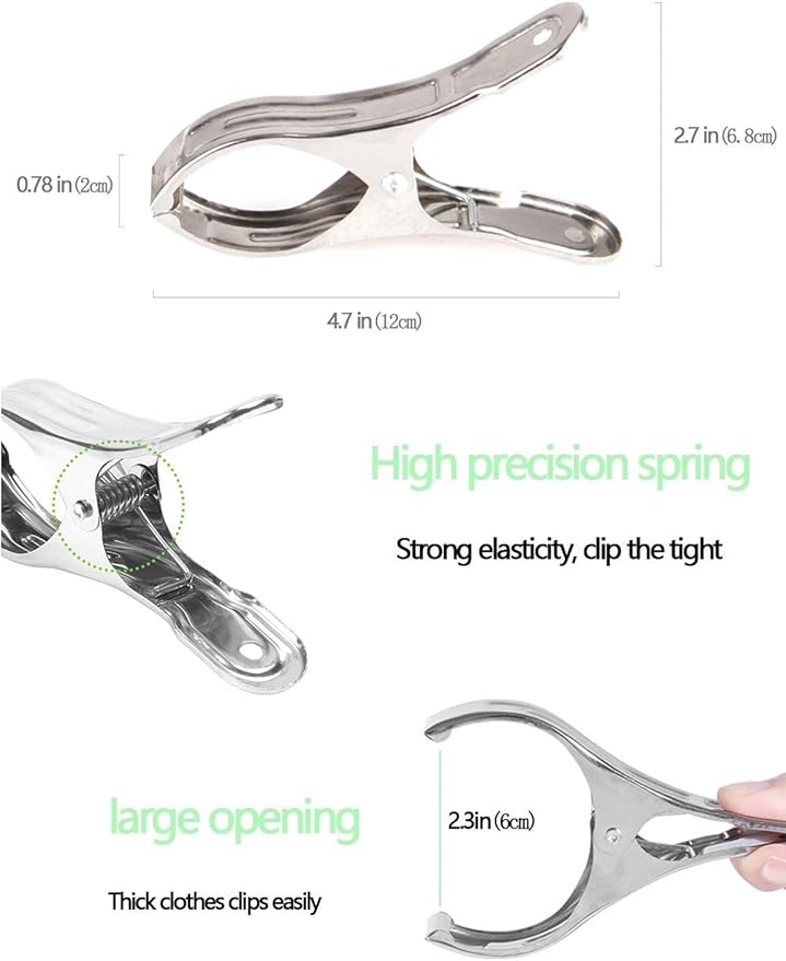 8 Pack Stainless Steel Clothespins, 4.7 Inch Towel Clips for Beach Chairs，Giant Clothes Pins,Metal Clip - Keep Your Towel from Blowing Away, Suitable for Home Use/Beach Chairs on Cruise Ships