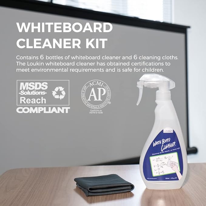 loukin Non-Toxic Whiteboard Cleaner, 17 fl oz Dry Erase Board Cleaner, Low-Odor Whiteboard Cleaning Spray with Cloths, Removes Stubborn Marks from Whiteboards, Chalkboard (6-Pack)