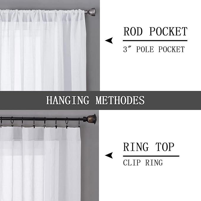 Tollpiz Sheer Curtains Linen Textured Living Room Curtain Sheers Light Filtering Rod Pocket Voile Curtains for Bedroom, 42 x 63 inches Long, White, Set of 2 Panels