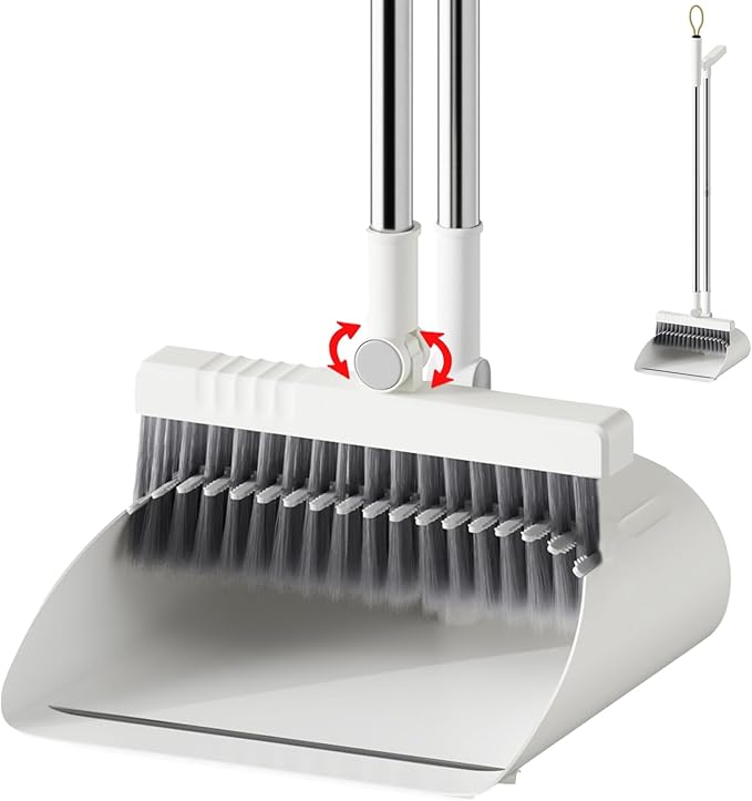 Upgrade Broom with Dustpan Combo Set, Broom and Dustpan Set with Adjustable Handle，Self-Cleaning Dustpans Teeth for Home Kitchen Office Hall Floor，ZeroGap Lip （White&Grey）