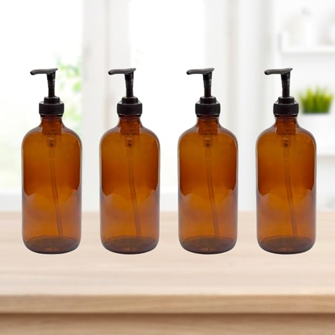Cornucopia 8oz Glass Pump Bottles (4-Pack, Amber Brown), Lotion Soap Dispensers w/Black Plastic Pumps