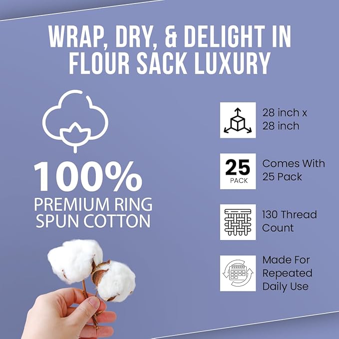 WHITEWRAP Flour Sack Towels| Tea Towel for Crafts| Kitchen Dish Cotton Blank Towel for Embroidery|Baking Bread Proofing Linen Cover| Thick Absorbent Quick Dry| 24 Pack 28"x28" Natural