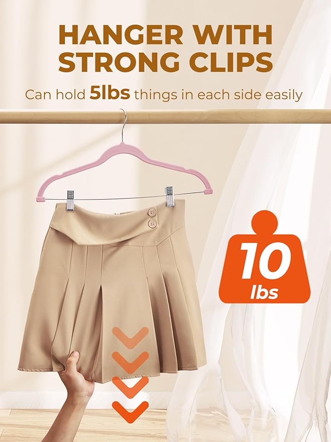 HOUSE DAY Velvet Skirt Hangers - Pink Velvet with Adjustable Clips, Space Saving, Slim, Heavy Duty and Non Slip for Pants, Skirts, Shorts - 24 Pack