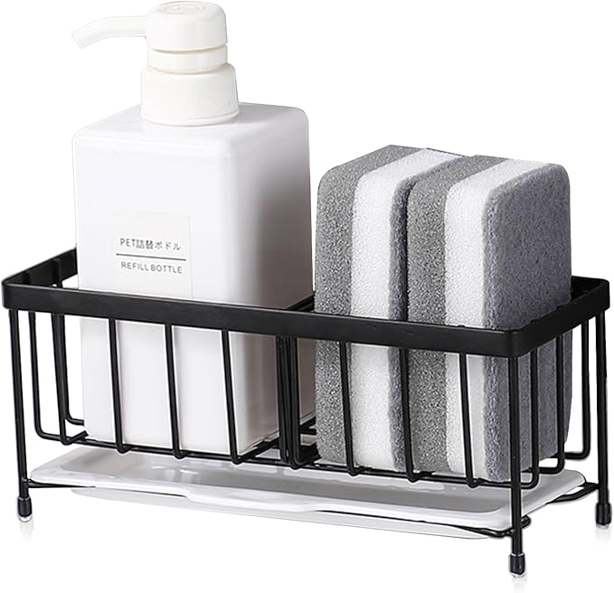 Kavciva Sink Caddy Sponge Holder,304 Stainless Steel Dish Brush Holder,Kitchen Countertop Sink Rack,Dish Soap Holder,Dishwashing Tool Drying Tray with Adjustable Partitions,Essential Kitchen Shelves