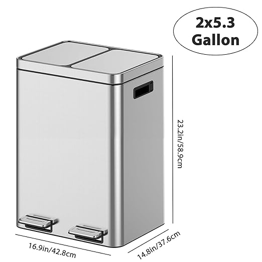 2 x 5.3 Gal (2 x 20L) Trash Can, Stainless Steel Triple Compartment Step-On Recycling Bin with Soft-Close Lids & Removable Plastic Inner Buckets for Kitchen, Home, Office
