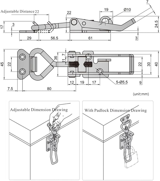 Adjustable Latch Buckle Cabinet Boxes Lever Handle Toggle Catch Latch Lock,Silver,Adjustable Range 126-148mm,2 Pcs