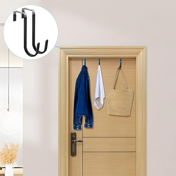 FYY Over the Door Hooks, 4 Pack Door Hangers Hooks with Rubber Prevent Scratches Heavy Duty Organizer Hooks for Living Room, Bathroom, Bedroom, Kitchen Hanging Clothes, Towels, Hats, Coats, Bags Black