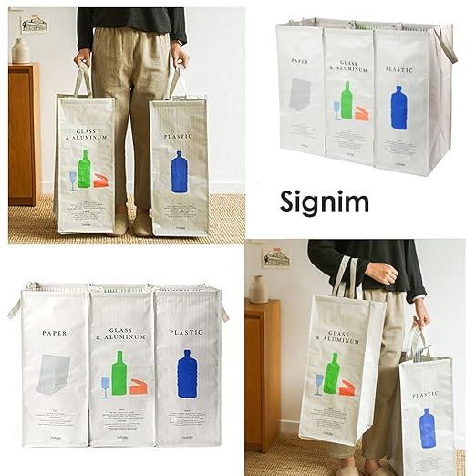 216 Separate Recycling Waste Bin Bags for Kitchen Home Recycle Garbage Trash Sorting Bins Organizer Waterproof Baskets Compartment Container, White (Set of 3 Pack)