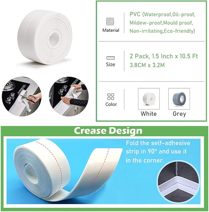 2 Pack Caulk Strip, 1.5" x 10.5Ft PVC Self Adhesive Caulk Tape, Sealing Waterproof Silicone Tape for Bathroom Bathtub Kitchen Toilet Wall Windows