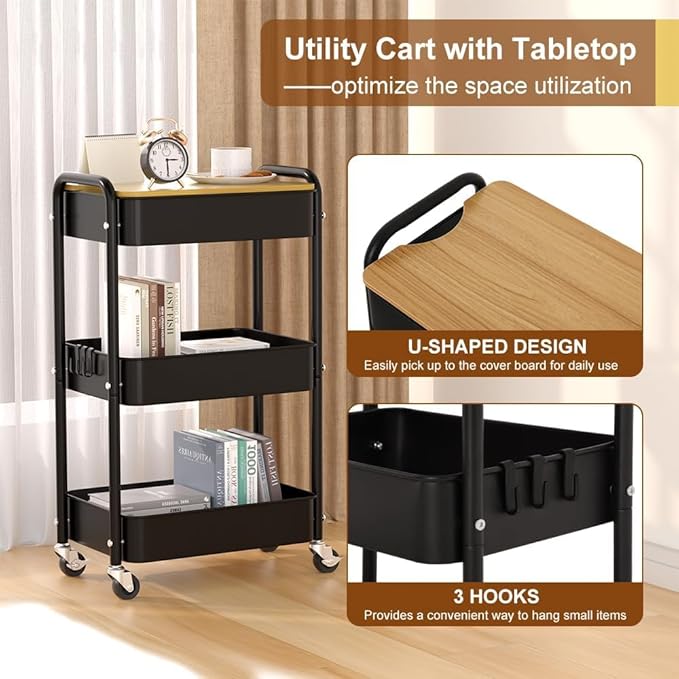 3 Tier Metal Utility Cart, Rolling Storage Cart with Wooden Tabletop, Metal Organizer Cart with Lockable Wheels for Office, Bedroom, Kitchen and Living Room (Black)