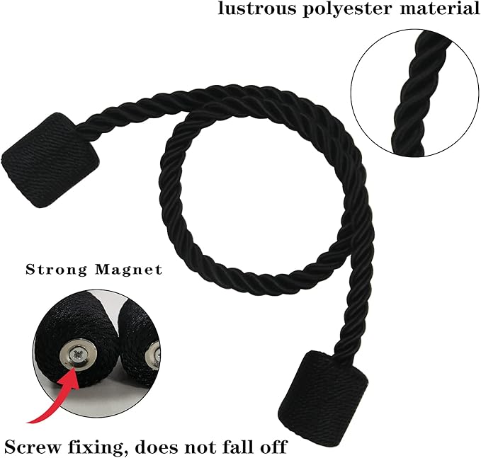 6 Pack Black Strong Magnetic Curtain Tiebacks Outdoor Elegant Decorative Tie Backs Modern Rope Tiebacks for Drapes Window Curtain Holdbacks for Draperies