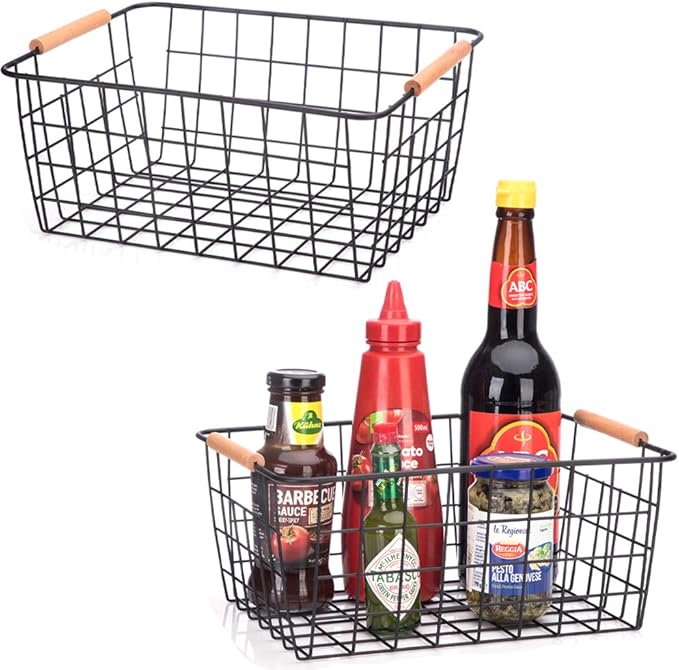 LeleCAT Wire Baskets with Wooden Handles, Wire Storage Organizer Baskets , Household Refrigerator for Cabinets, Pantry, Closets, Bedrooms - Set of 4（Black