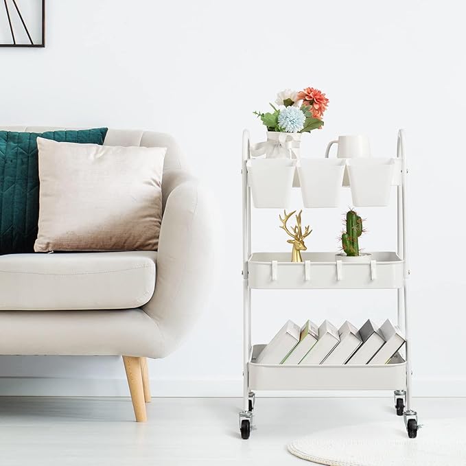 danpinera 3-Tier Rolling Cart, Metal Rolling Storage Cart with Lockable Wheels & Hanging Cups & Hooks, Mobile Trolley Cart for Kitchen, Bathroom, Office, Workshop, White
