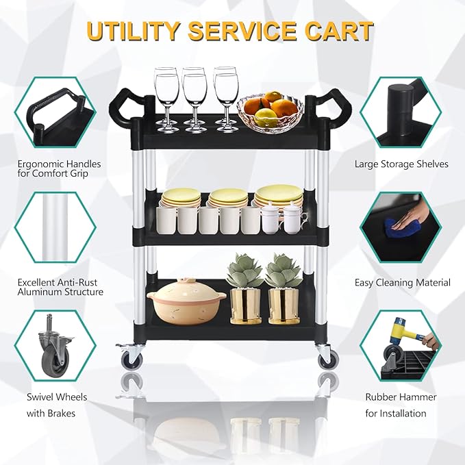 Plastic Utility Carts with Wheels, Heavy Duty 510lbs Capacity Rolling Service Cart, 3-Tier Restaurant Food Cart with Hammer for Office, Warehouse, Garage (Lockable Wheels, Black)