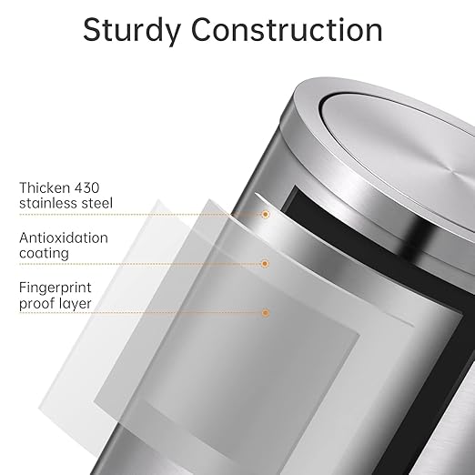 Mbillion Small Trash Can with Swing Lid 4 Gallons/15 Liter, Mini Trash Can with lid, Stainless Steel Cylindrical Garbage Can for Home and Office, for Ground and Desktop(Brushed Silver)
