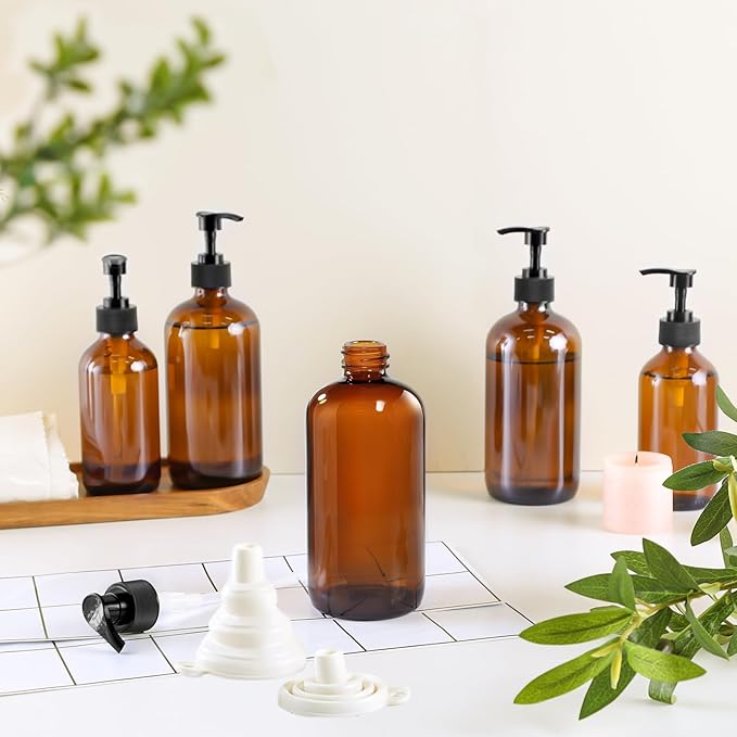 12 Pack Amber Glass Bottles 16oz with Pump Dispensers, Refillable Empty Pump Bottles for Bathroom, Kitchen, Shampoo, Soap, Lotion – Includes 2 Funnels & 12 Labels