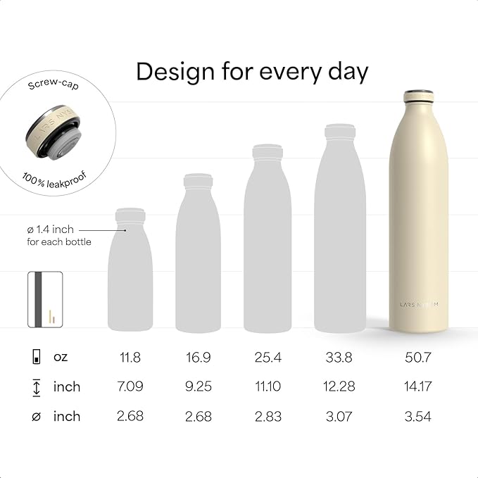 LARS NYSØM Stainless Steel Insulated XL Water Bottle 12oz 17oz 25oz 34oz 51oz | Insulated Thermo Flask for Hot and Cold Beverages | Leakproof Drinking Bottle (Carbon Black, XL 50.7oz)